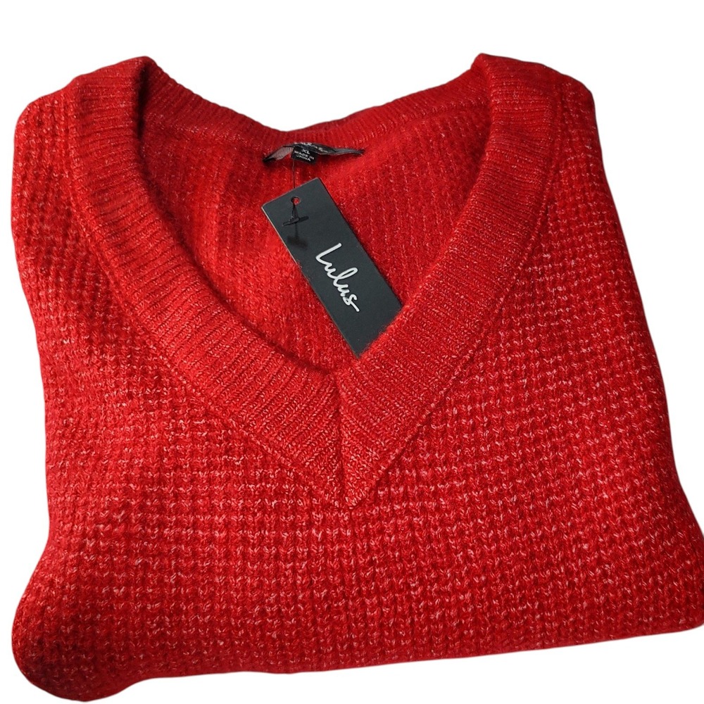 New Chunky Knit Sweater V Neck Relaxed Red Long Sleeve Womens Extra Large Tags - Picture 7 of 10